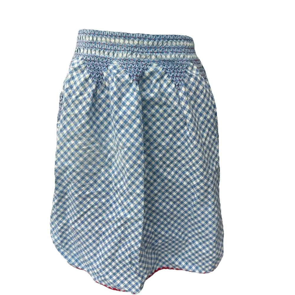 Vintage Blue Gingham Half Apron Handmade Smocked Waist Pocket Tie Back Farmhouse